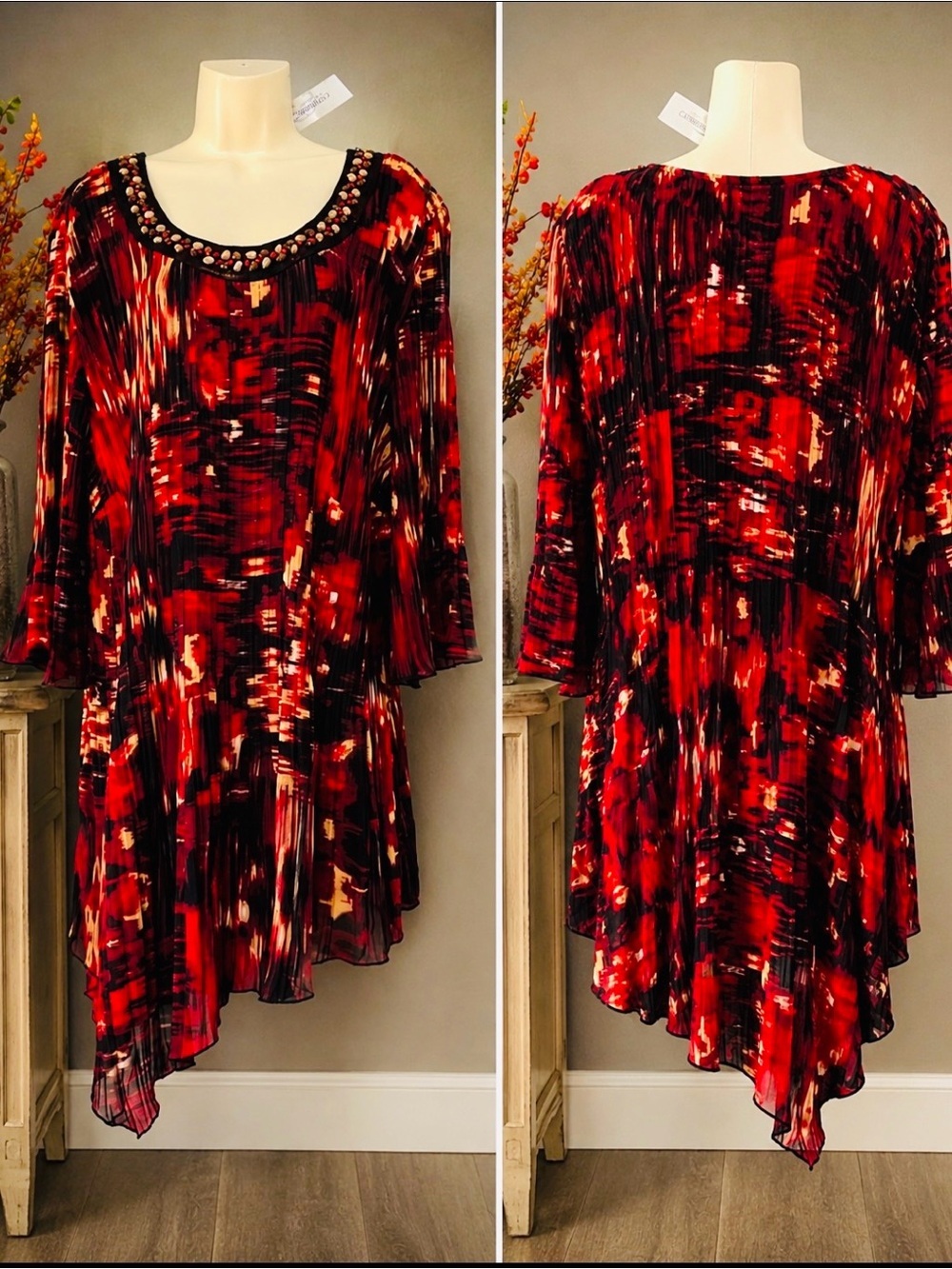 Catherines 3X Pleated Asymmetrical Tunic‎ Top Embellished Neck NWT